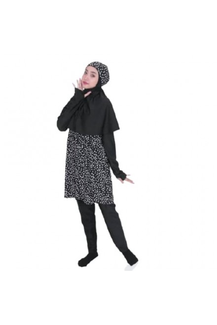 Baju Renang Muslimah - SB 508 (  BLACK CORAK WHITE POLKADOT)